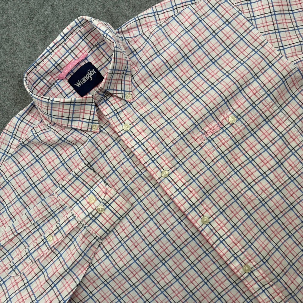 Wrangler Mens XL Breast Cancer Awareness Pink Plaid Button Down Dress Shirt Long